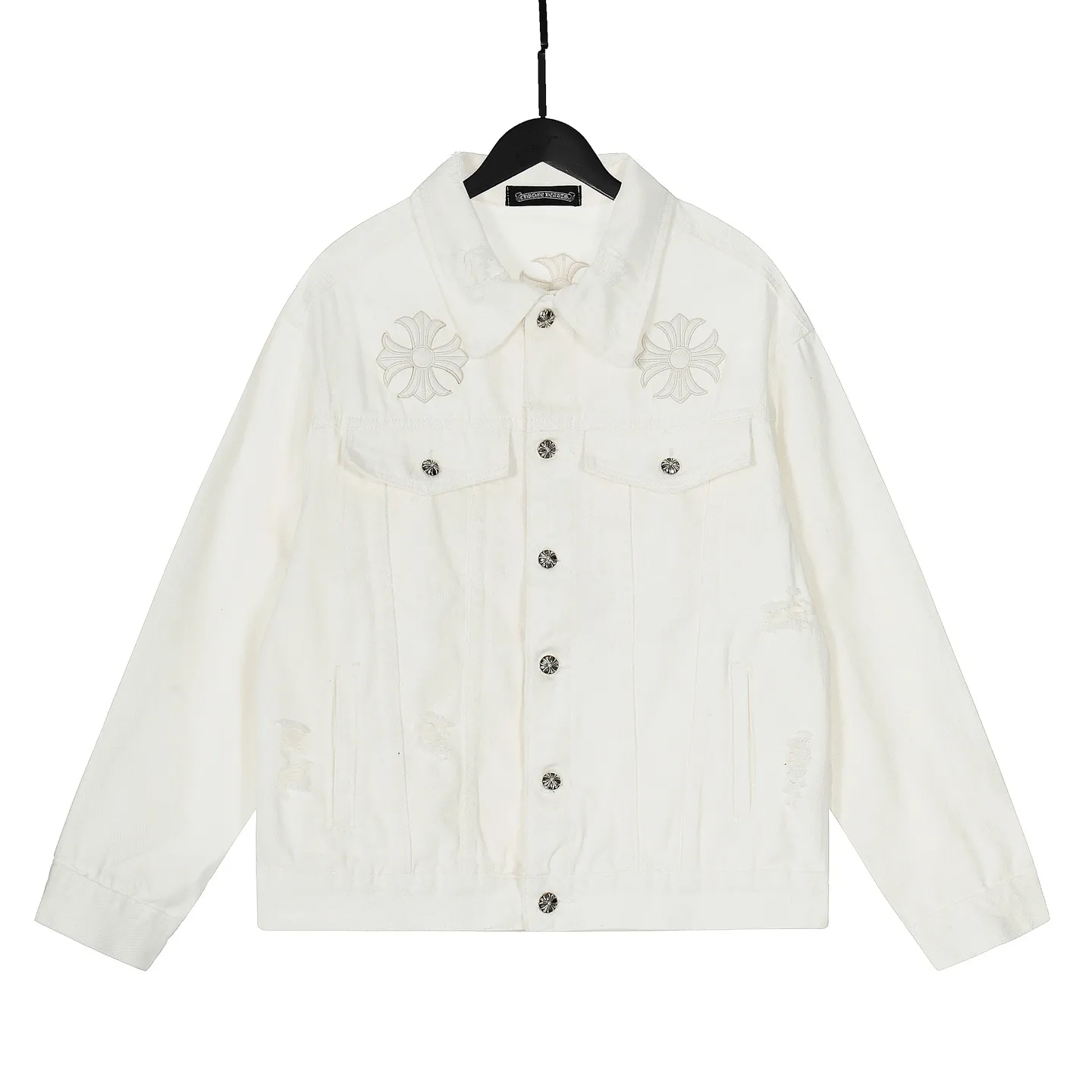 P270 💰 Chrome Hearts Chrome Hearts Cross-Patch Leather Embroidered Shirt Denim Jacket OS version can be worn by both men and women! The fabric is made of twill gauze cotton fabric! The texture is clear and smooth, not easy to wrinkle or fade! The embroidery process is complex and repetitive. There are more than 20 leather labels. It takes 6 repeated embroidery steps to complete the back body. The requirements for the embroidery machine are very strict, and the distance is 45 cm! It won’t work if the spacing is too big, and it won’t work if it’s too small! We make clothes with care, and every detail must be restored one to one! The hardware is all carved and cast, and they are all genuine from the original factory! This piece of clothing consumes a lot of material, with more than 3 meters of material used for one piece of clothing! After the garment is made, it needs to be fixed at high temperature, washed at a water temperature of more than 70 degrees, and softened by adding softener to make the upper body softer and smoother! There is a flap on the sleeve that can be stored into short sleeves! Make it fit that understanding Color: Black White Size: S-M-L-XL